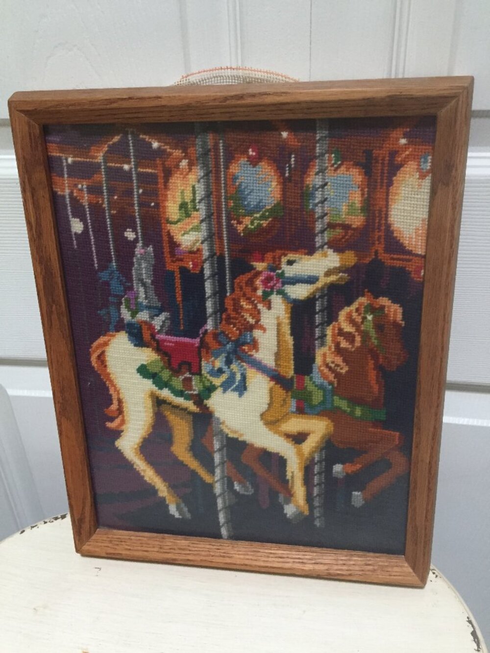 Handmade Vintage Framed Carousel Horse Needlepoint Complete 12" x 14"